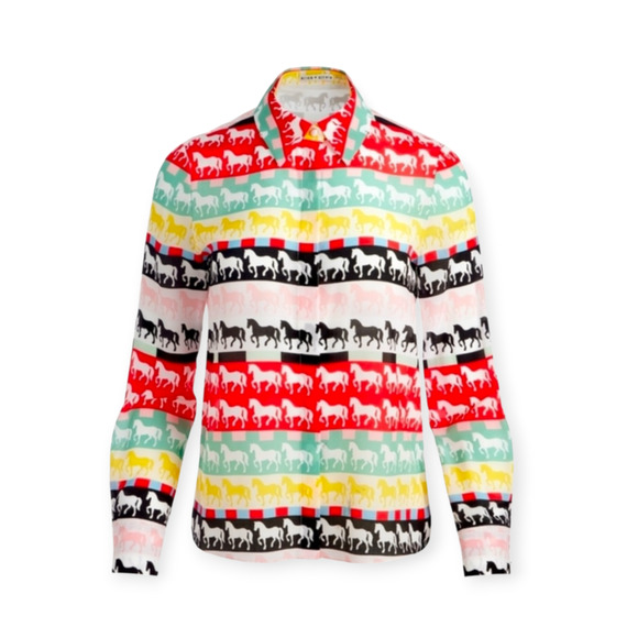 Alice + Olivia Willa Placket Horse Stallion Silk Blouse Size Small - Picture 3 of 7
